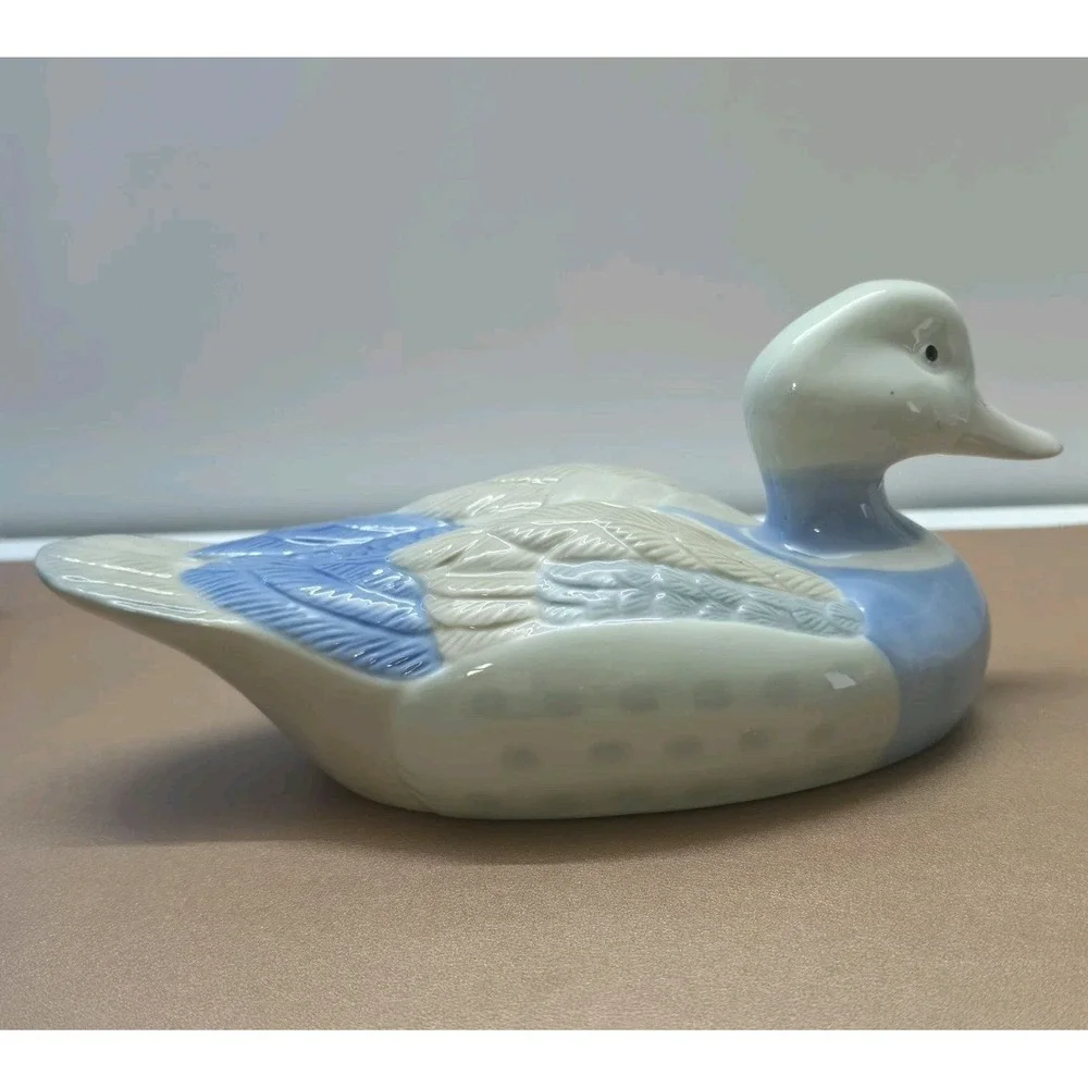 Rare Vintage Glazed Ceramic Blue & White Duck Waterfowl Figurine